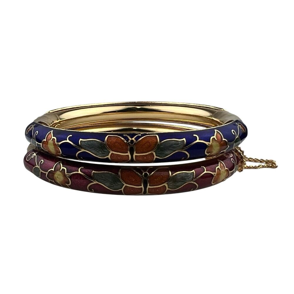 Cloisonne Style Hinged Bangle Bracelets Lot of 2 Red & Blue